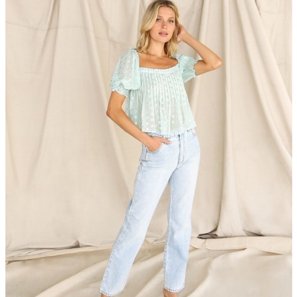 For Love & Lemons Mint Jana Blouse‎ Cropped Flowy Heart Print Tie Shoulders - Picture 2 of 13